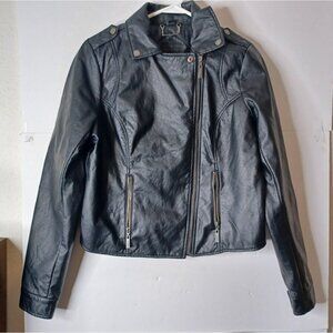 JouJou Women's Large Motorcycle Jacket Black Faux Leather Full Zip